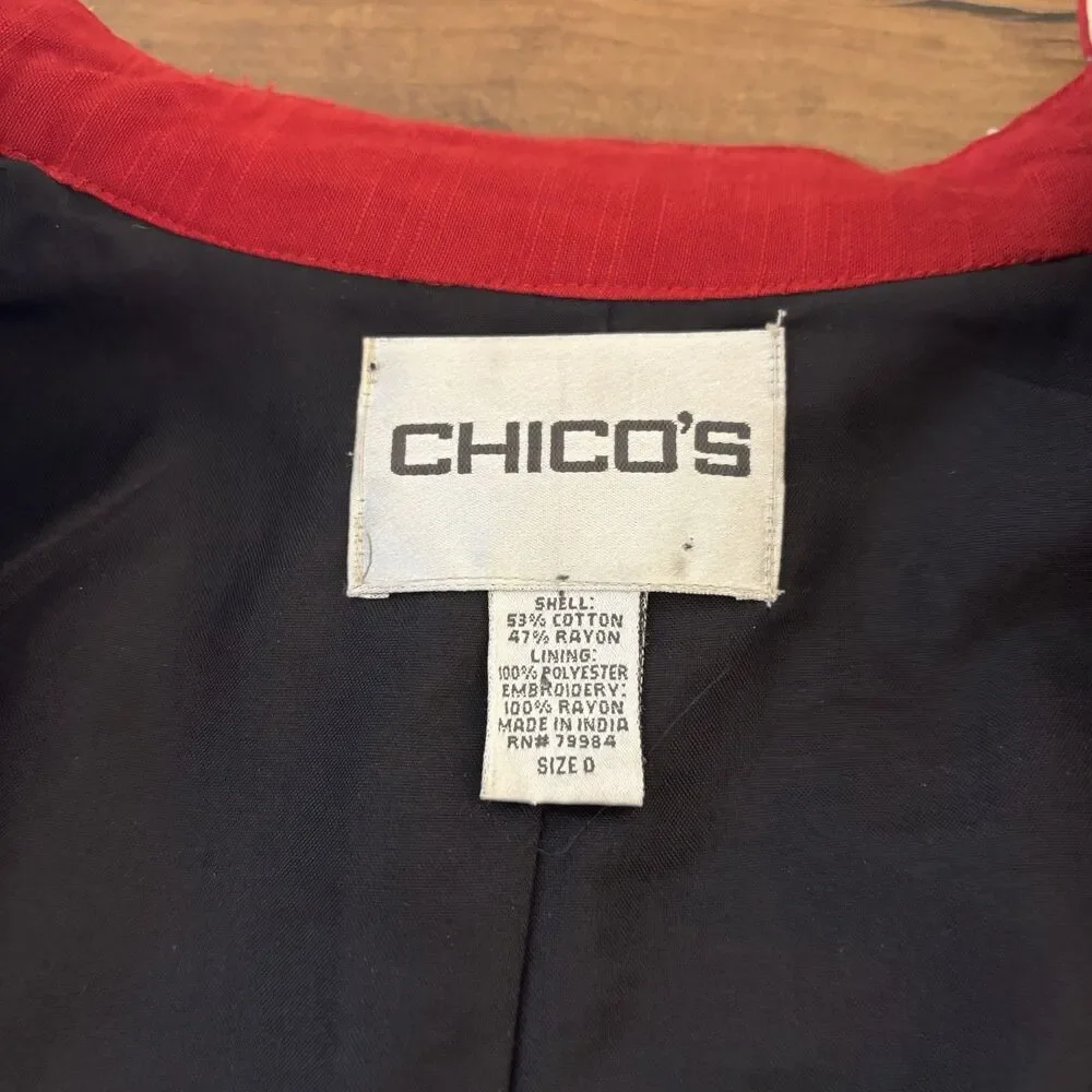 Chico's Womens Small Jacket Open Front Embroidered & Sequin Accents Art to Wear